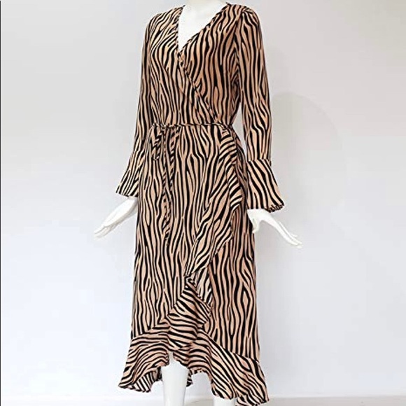 Long sleeves striped chiffon wrap dress - Picture 2 of 6
